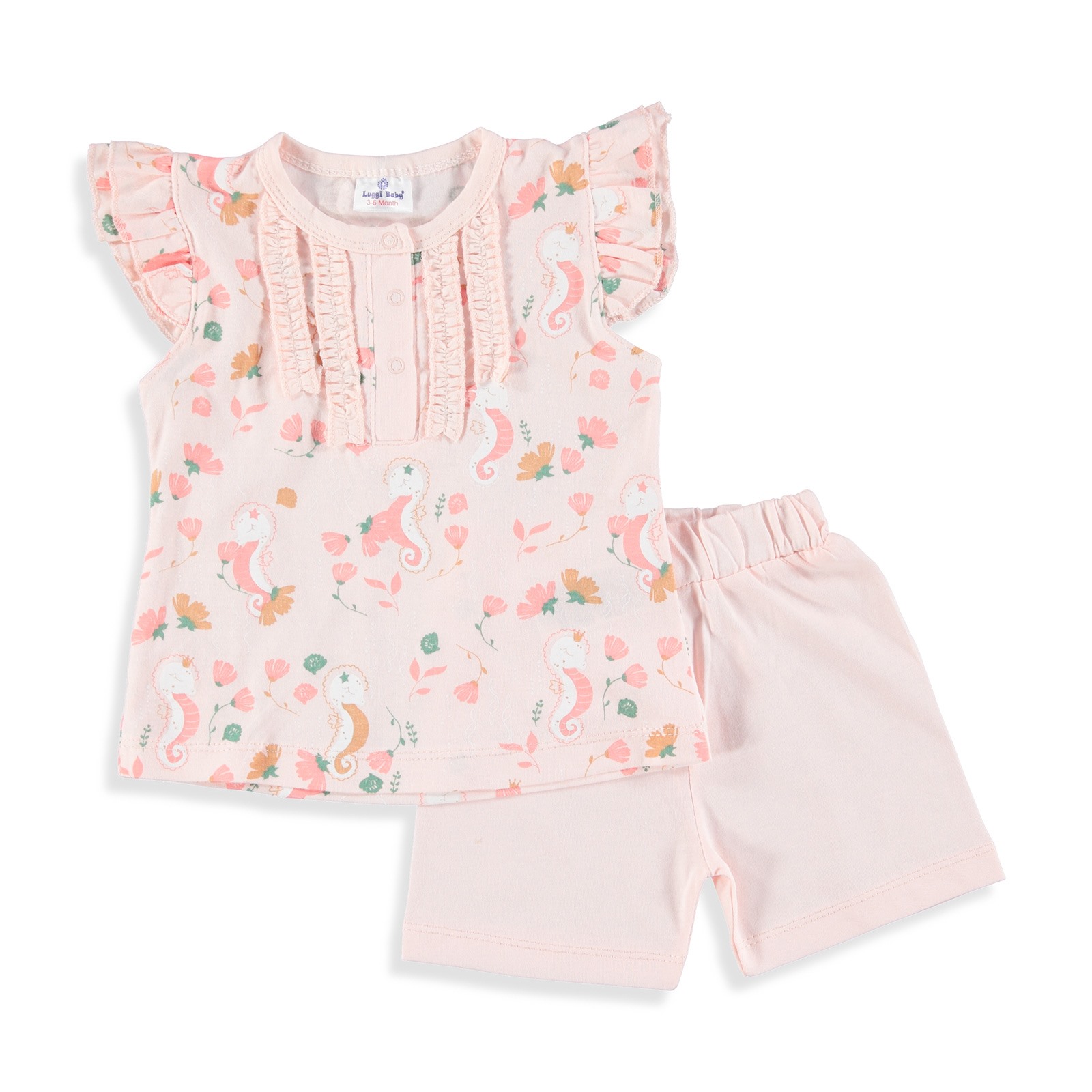 Luggi Sea Horse Baby Ruffled Tshirt Short Set