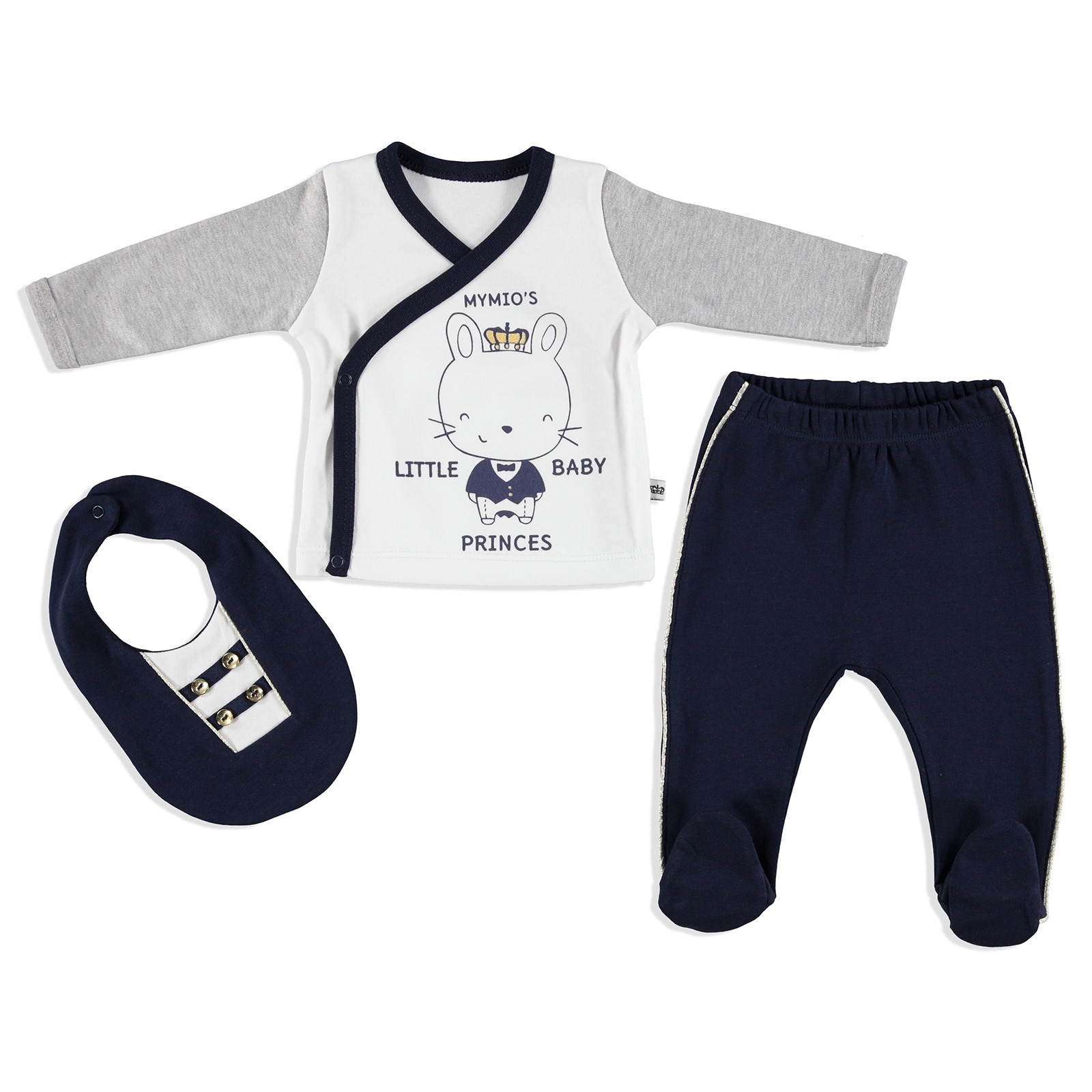 Mymio Crested Interlock Baby Bodysuit Footed Trousers Bib Set