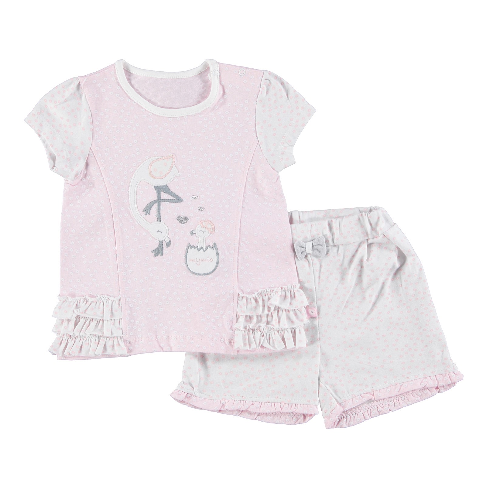 Mymio Flamingo Baby Girl Interlock Ruffled Shirt Short Set